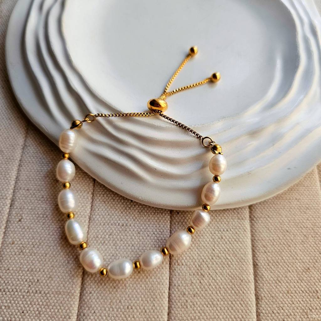 Freshwater Pearl Beaded Bracelet Gold Stainless Steel