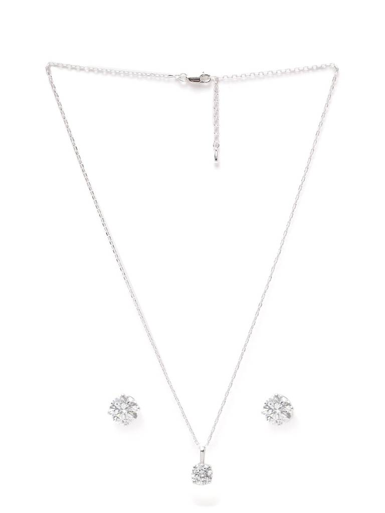 925 Sterling Silver Rhodium Plated Round Pendant Earring Necklace Set With Chain Gift For Women And Girls : CSWZMP80ME51_SCH