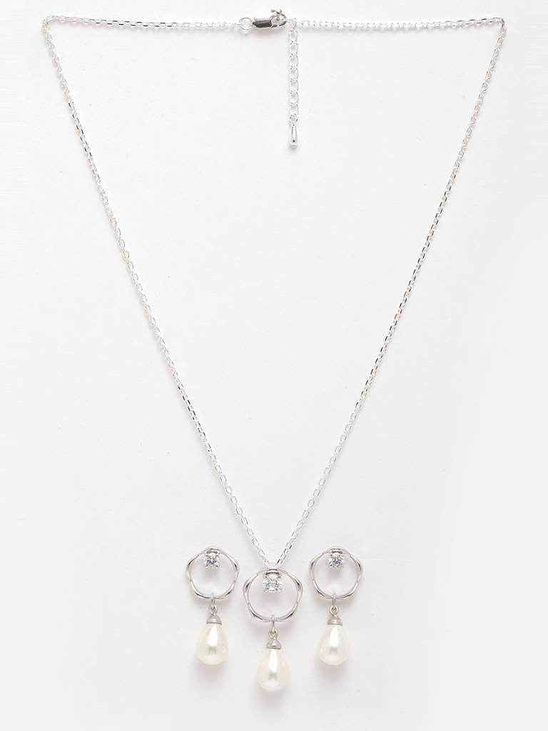 925 Silver Pearl Sara Pendant Earring Chain Jewellery Set Rhodium Plated, Gift For Women : CSPCZP20E20