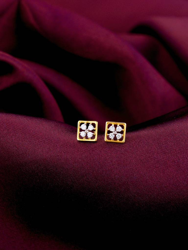 14K Yellow Gold Square Cut Diamond Stud Earrings : GDLER0115