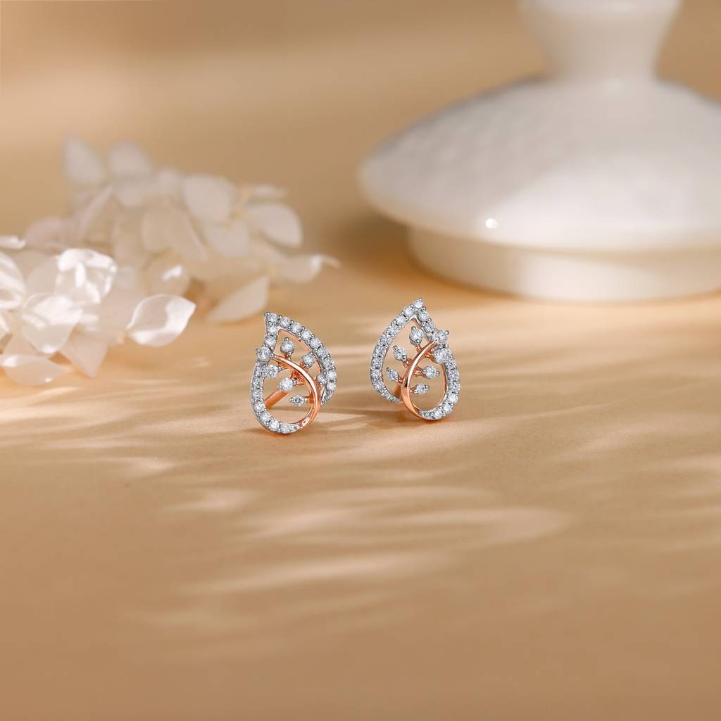 18K Rose Gold Leafy Love Diamond Earrings : GDLER0323