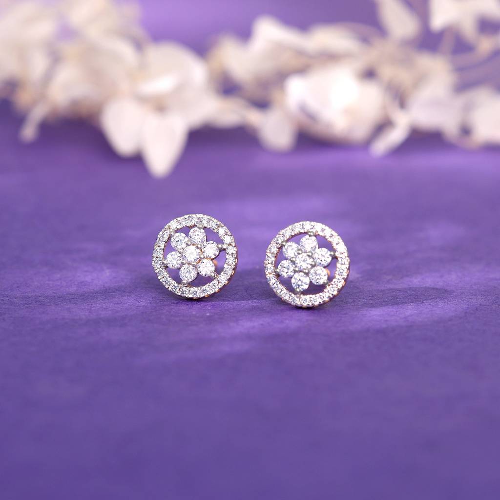 18K Gold Floret Solitaire Diamond Earrings : GDLER0338