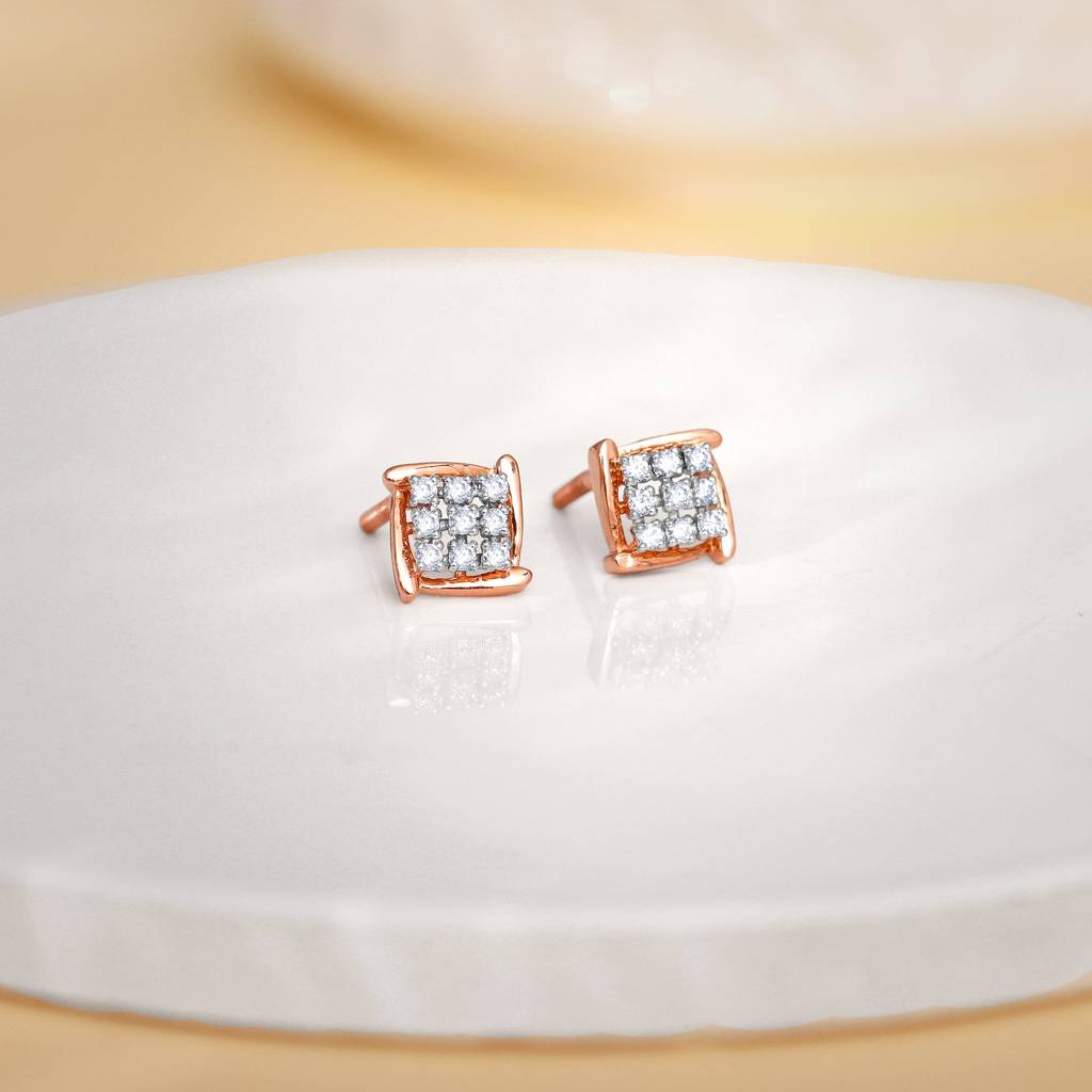 14K Rose Gold Sparkling Square Diamond Earrings : GDLER0448