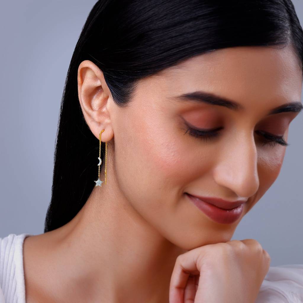 18K Gold Celestial Sui Dhaga Diamond Earrings : GDLER0463