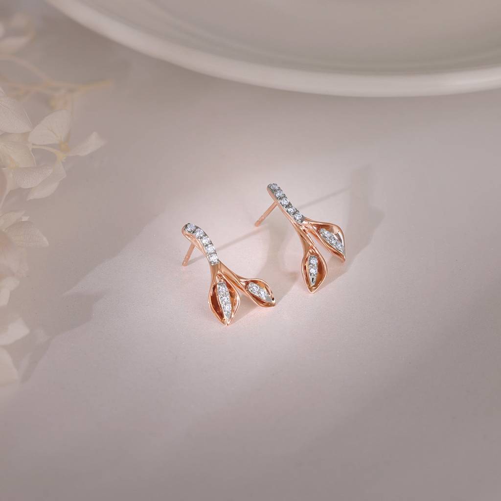 14K Rose Gold Leafy Flare Diamond Earrings : GDLER0483