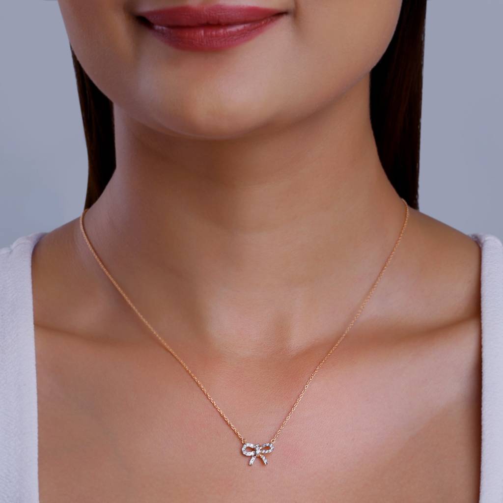 14K Rose Gold Lovely Bow Diamond Necklace : GDLNE0109