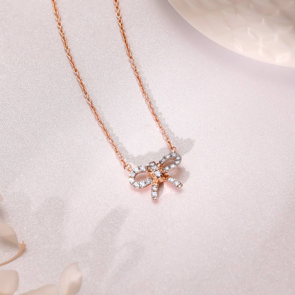 14K Rose Gold Lovely Bow Diamond Necklace : GDLNE0109