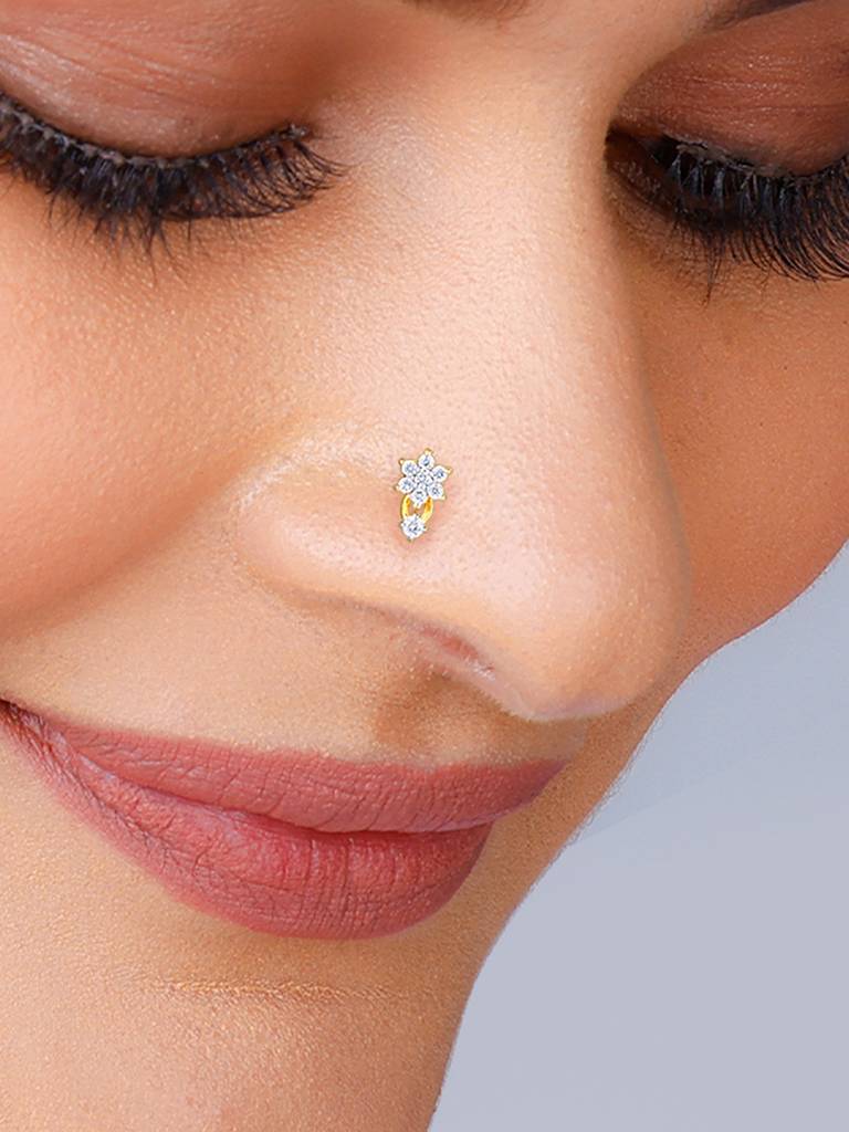 14K Yellow Gold Dreamy Floral Diamond Nose Pin : GDLNP014