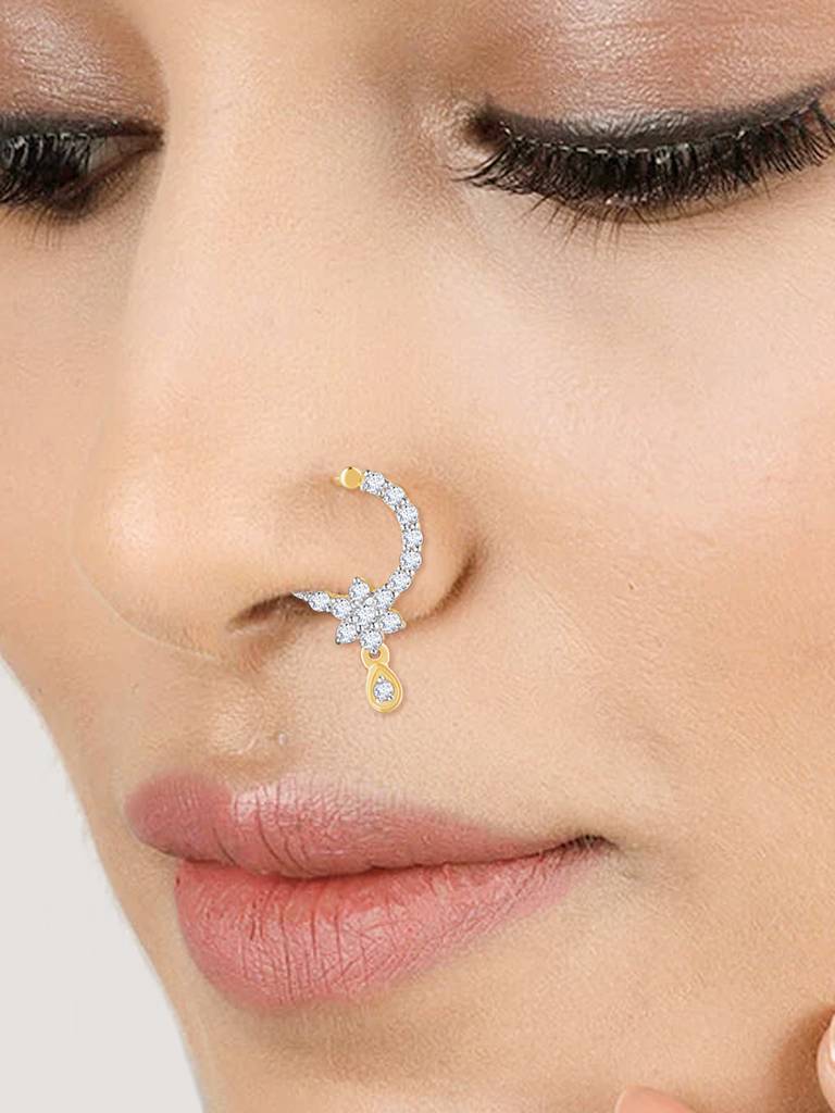 Giva 14K Yellow Gold Floral Dew Drop Diamond Nose Ring : GDLNP016