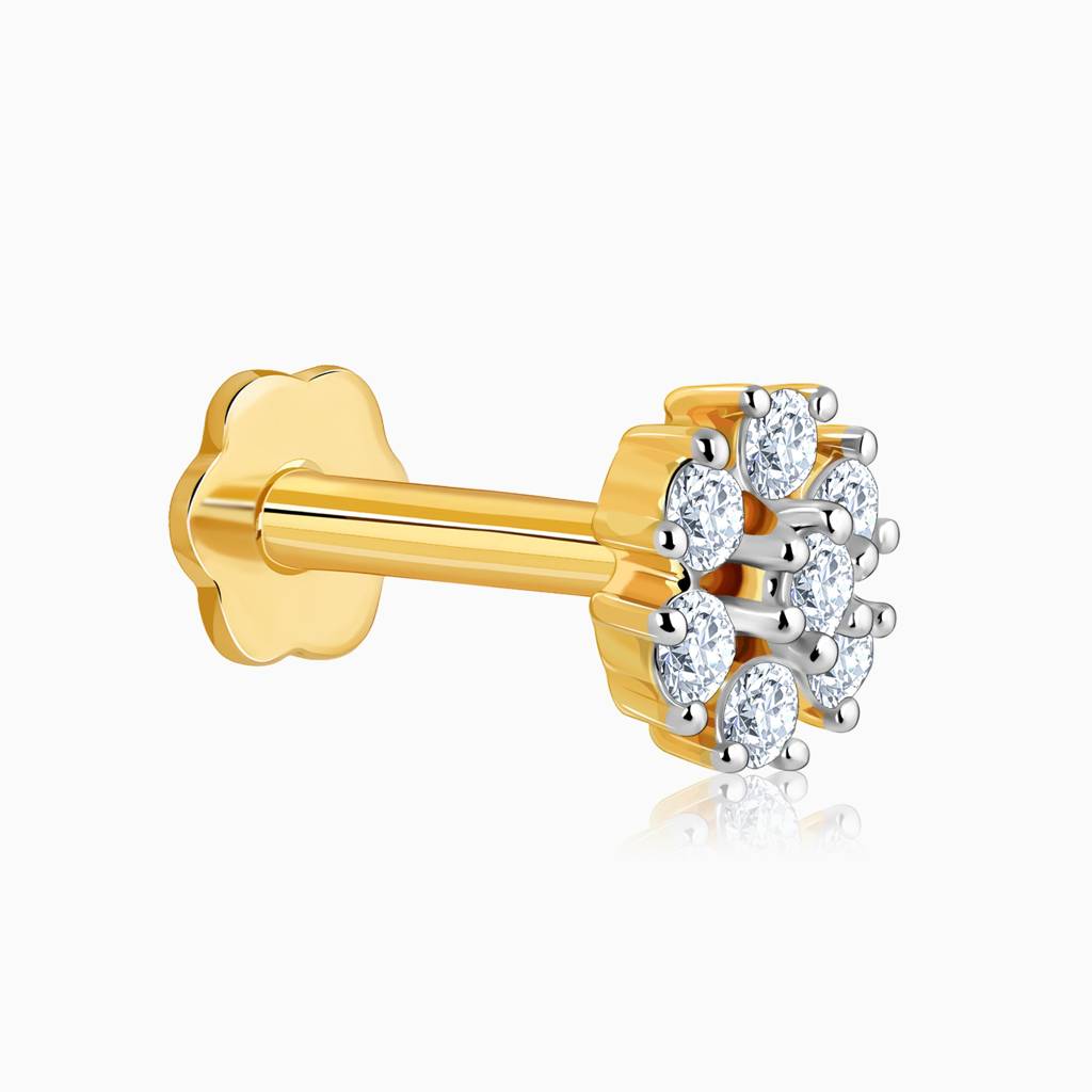 18K Gold Trendy Floral Diamond Nose Pin : GDLNP067