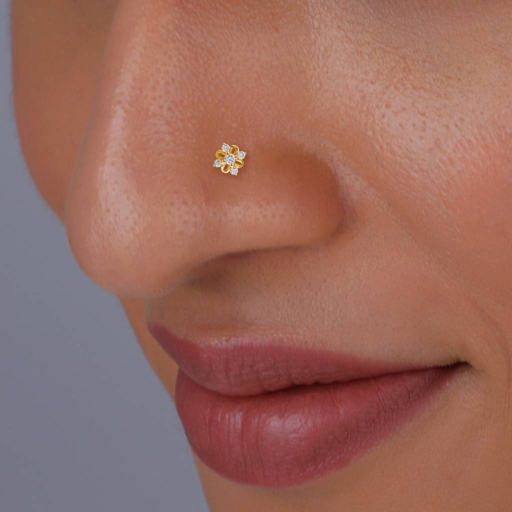 Gold Graceful Bloom Diamond Nose Pin : GDLNP069
