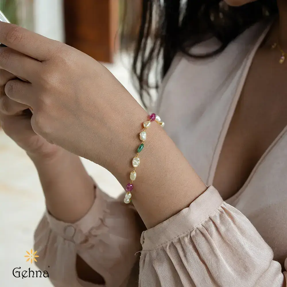 Glowing Treasures Pearl, Tourmaline & Emerald 18K Gold Bracelet : GHCSBG-5155