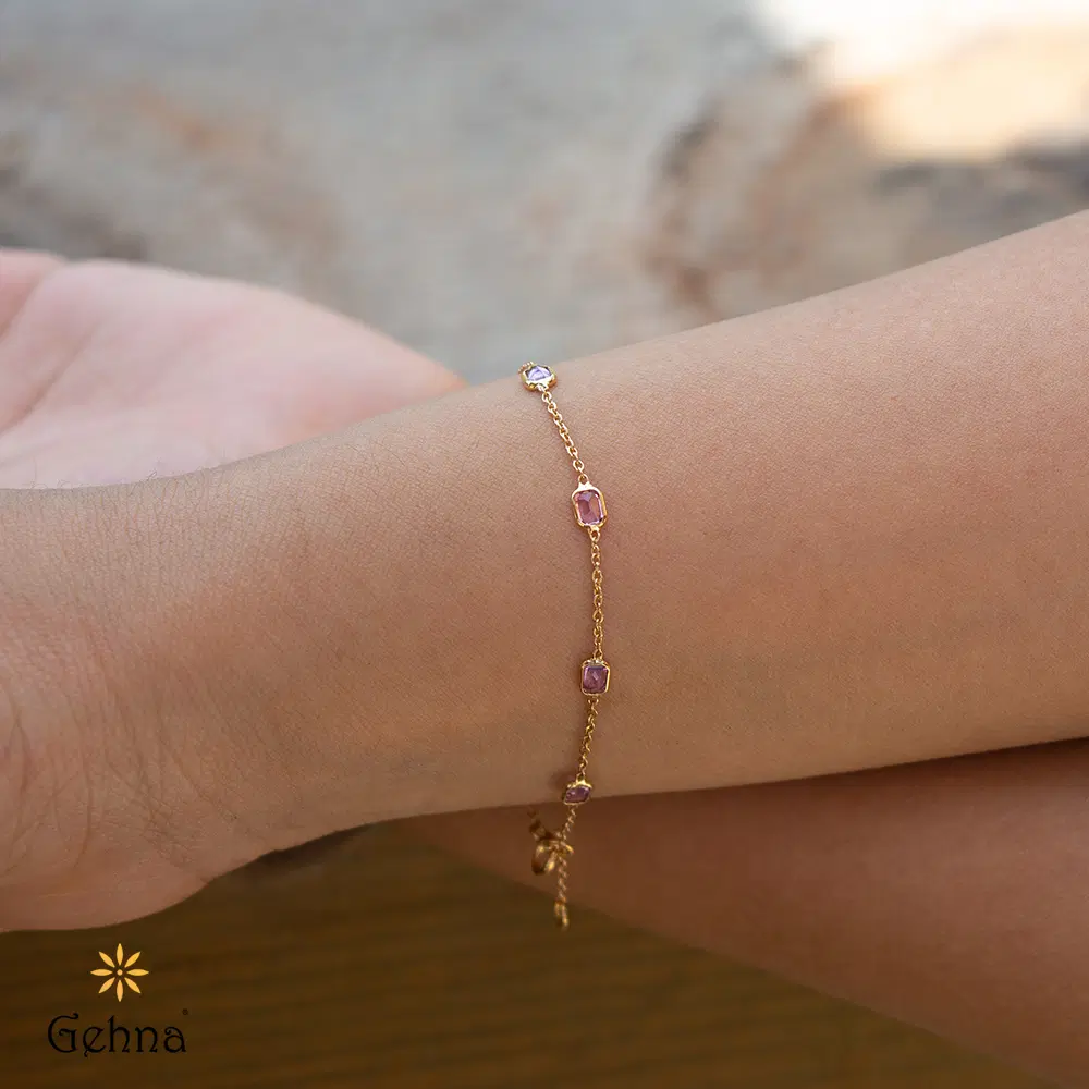 Dainty Pink Sapphire  Gold Bracelet : GHCSBGRR-3759