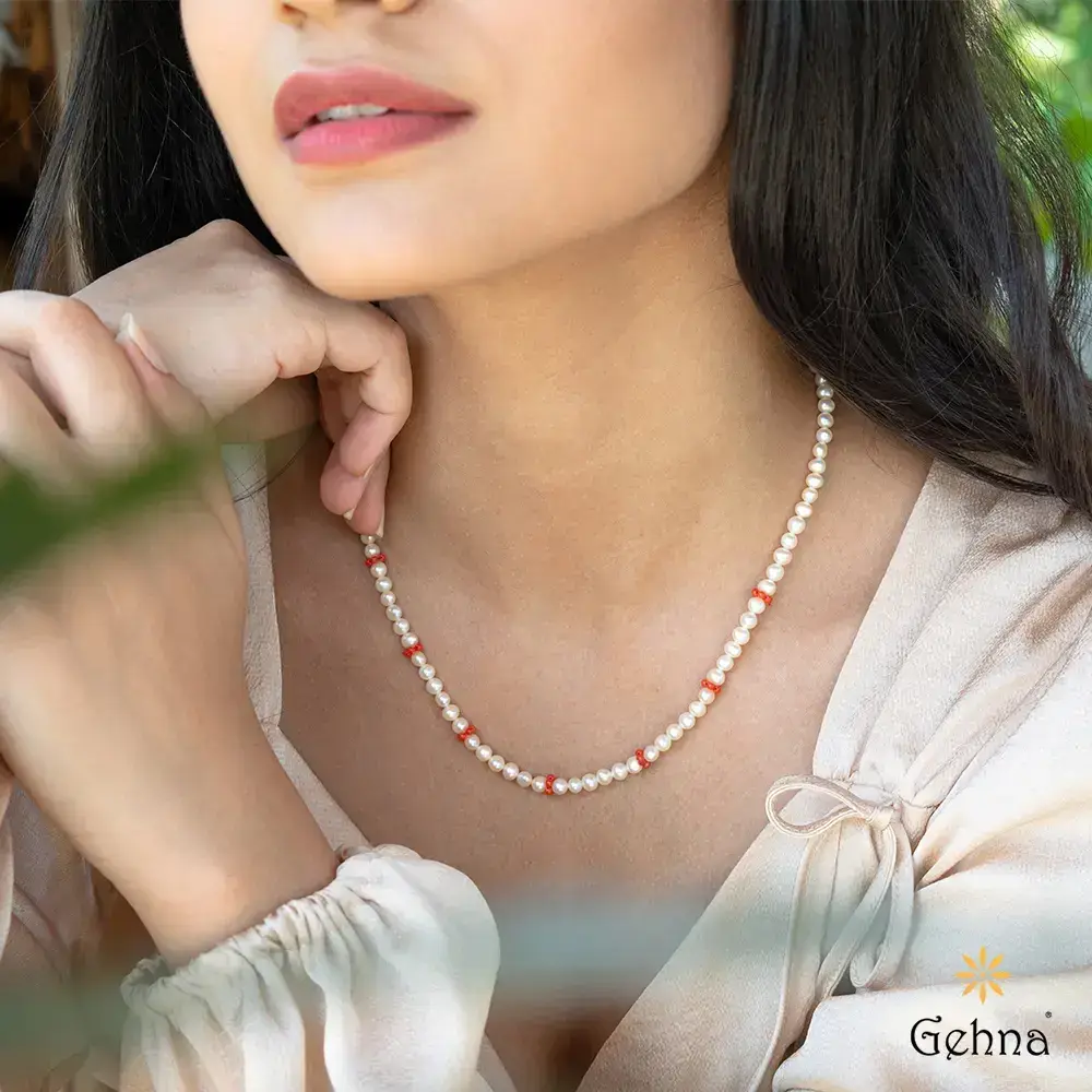 Opulent Pearls & Coral 18K Gold Chain : GHCSCH-5483