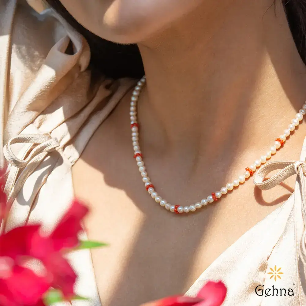 Opulent Pearls & Coral 18K Gold Chain : GHCSCH-5483