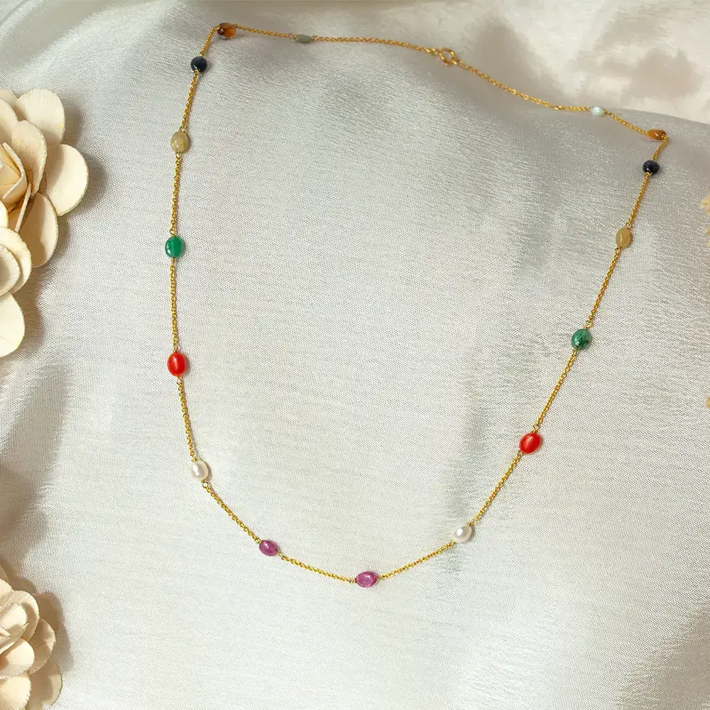Nine-Gem Wonder Navaratna 18K Gold Chain : GHCSCH-6699_16