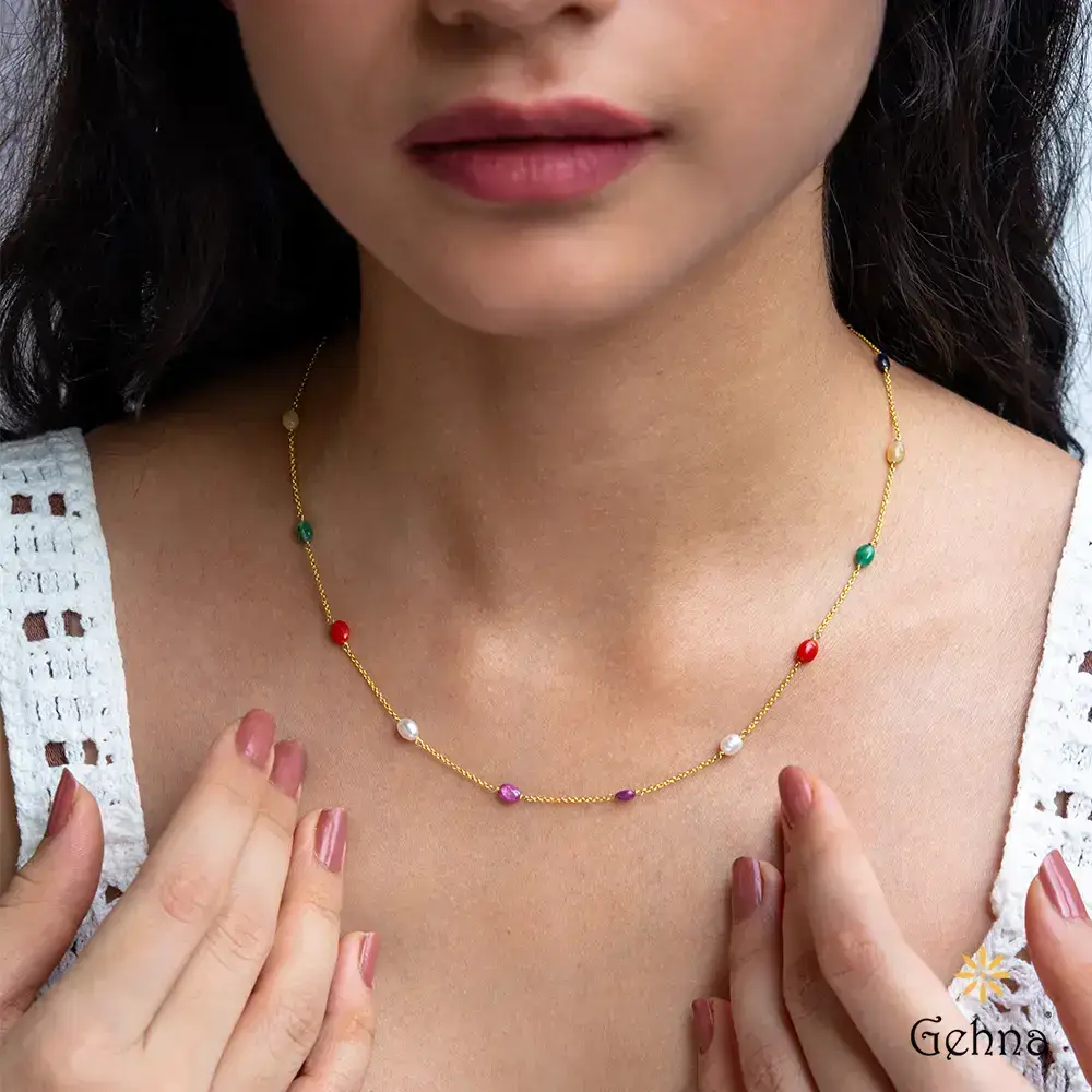 Nine-Gem Wonder Navaratna 18K Gold Chain : GHCSCH-6699_16