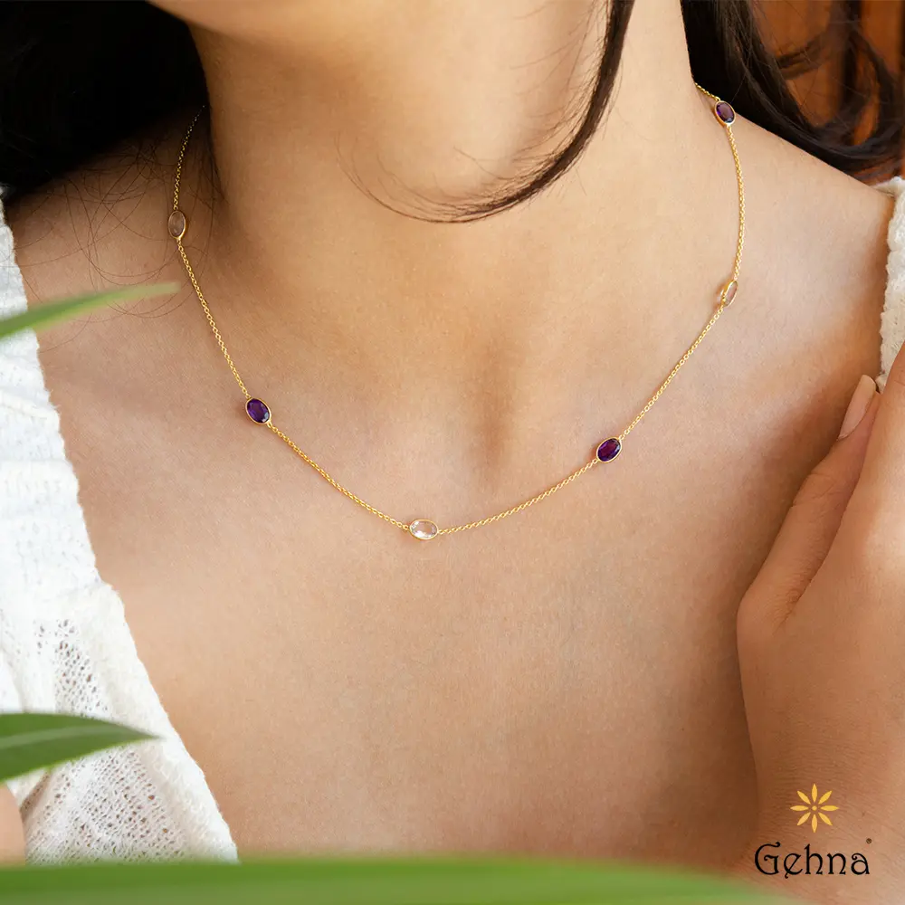 Elegant Rose Quartz & Amethyst 18K Gold Chain : GHCSCHRI-5431_16