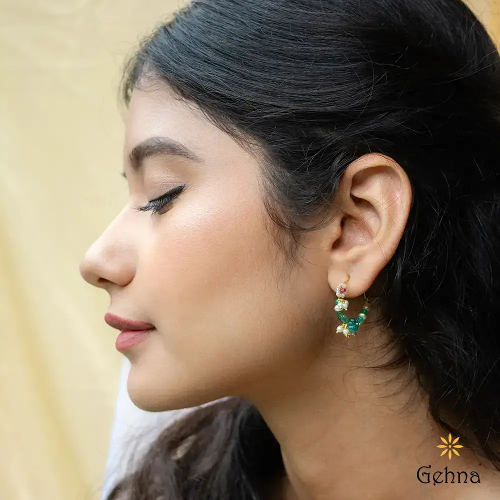 Enchanting Ruby, Emerald & Pearl 18K Gold Hoop Earring : GHCSER-6179
