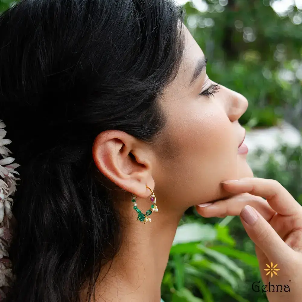 Enchanting Ruby, Emerald & Pearl 18K Gold Hoop Earring : GHCSER-6179