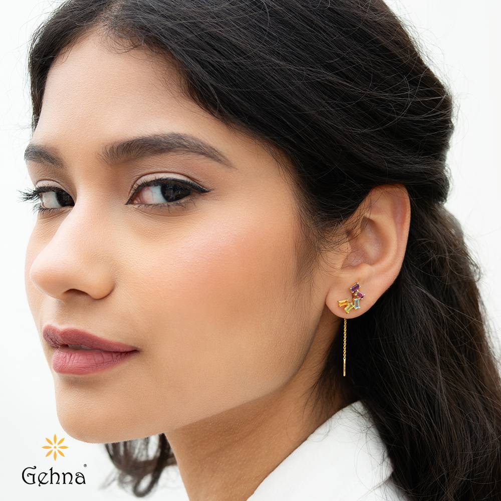 Vivid Multi Stone 18K Gold Threader Earring : GHCSER-6213