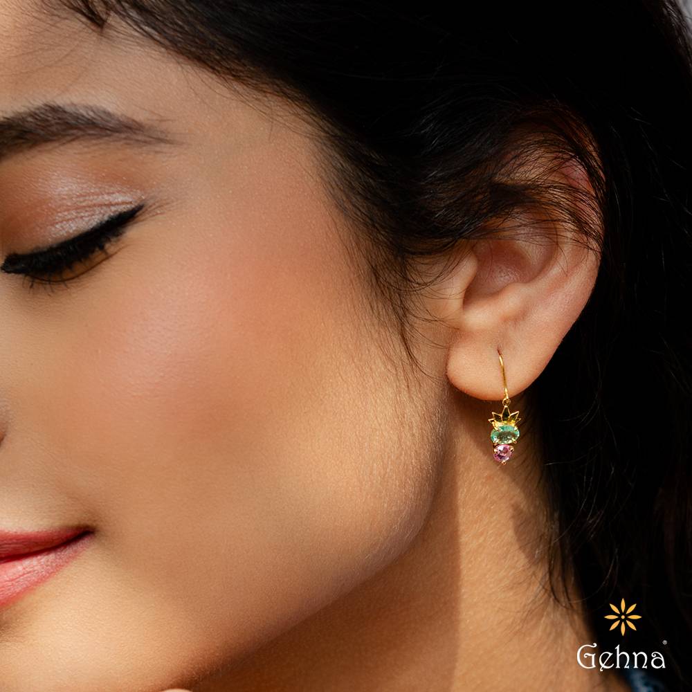 Opulent Emerald & Pink Sapphire 18K Gold Dangle Earrings : GHCSER-6893