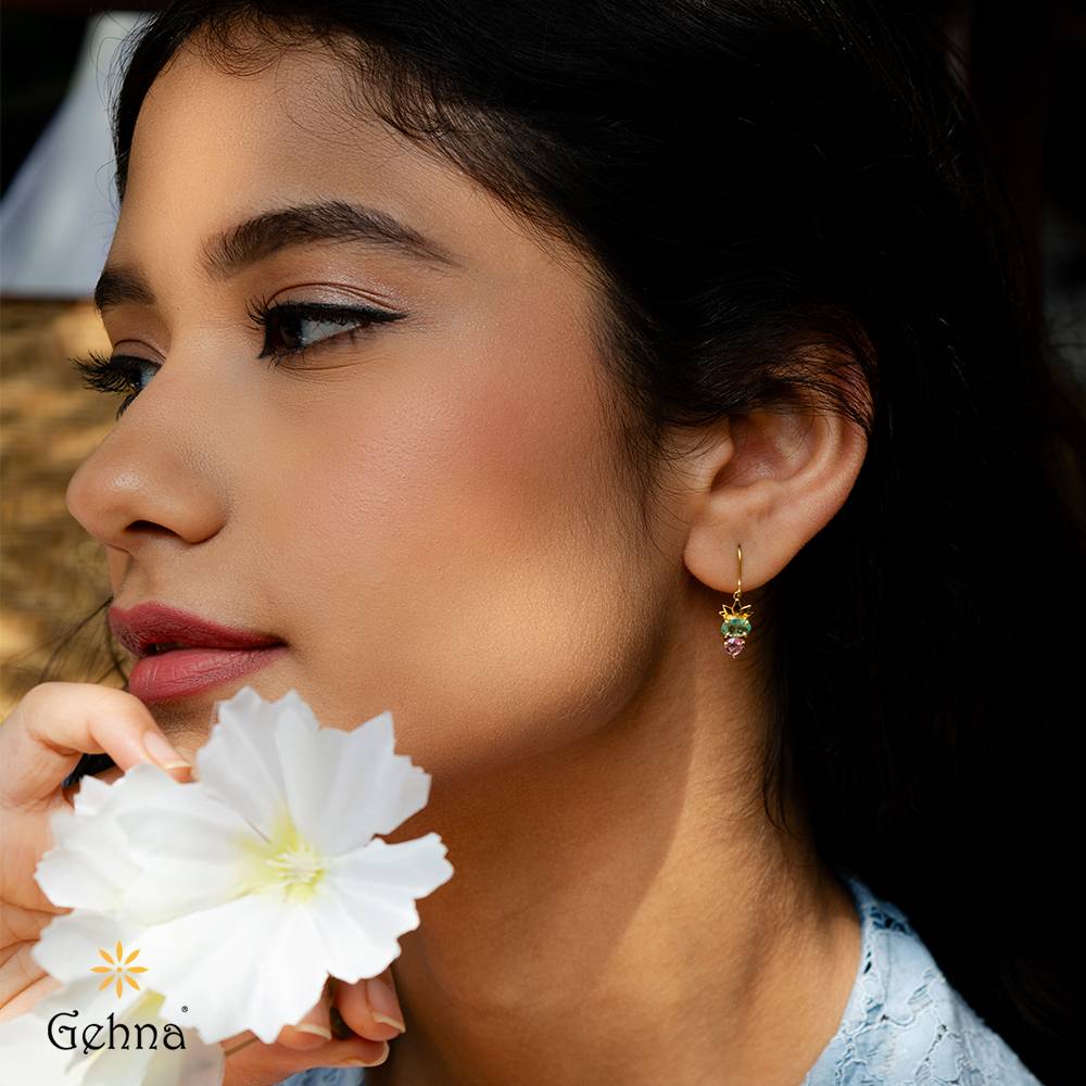 Opulent Emerald & Pink Sapphire 18K Gold Dangle Earrings : GHCSER-6893