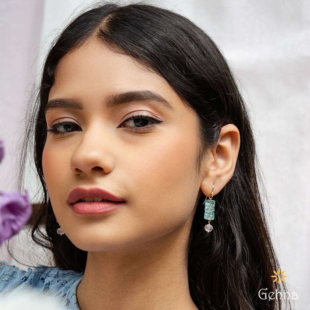 Pastel Bloom Aquamarine & Rose Quartz 18K Gold Dangle Earrings : GHCSER-7088