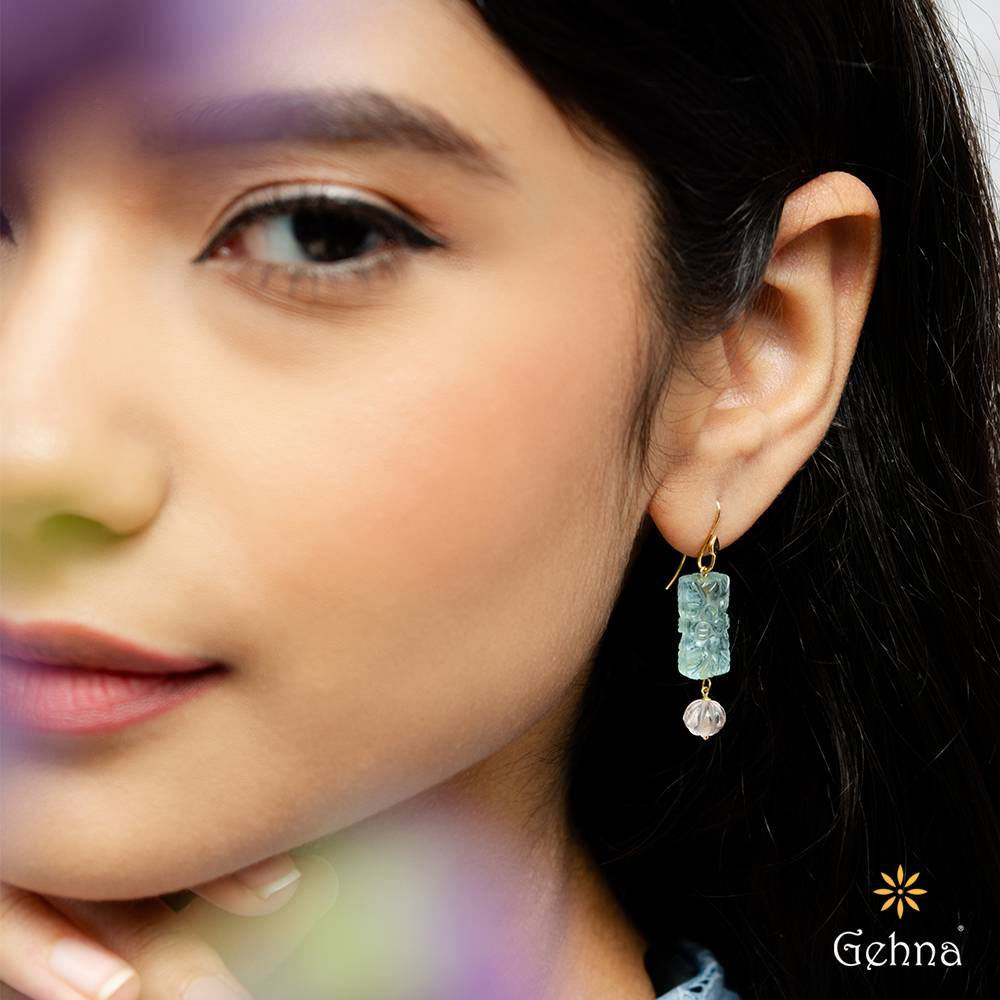 Pastel Bloom Aquamarine & Rose Quartz 18K Gold Dangle Earrings : GHCSER-7088