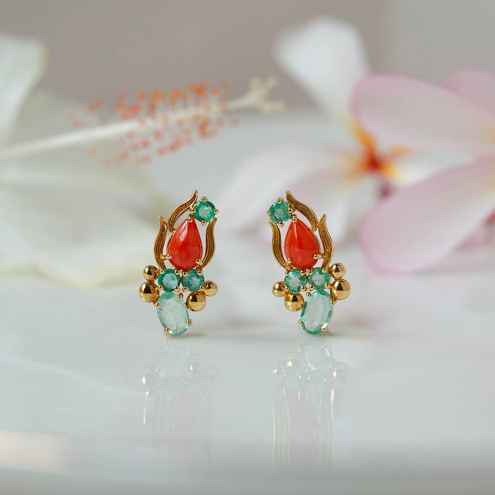 Reef Glow Coral And Emerald 18K Gold Stud Earrings 18K Gold Green