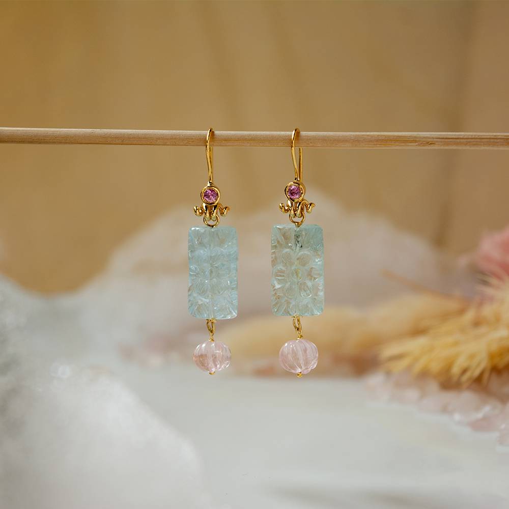 Pastel Rose Quartz, Aquamarine & Pink Sapphire 18K Gold Dangle Earrings : GHCSER-7108