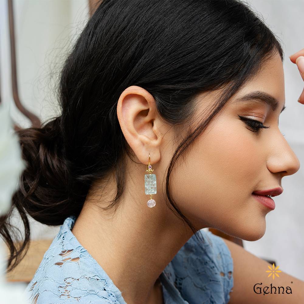 Pastel Rose Quartz, Aquamarine & Pink Sapphire 18K Gold Dangle Earrings : GHCSER-7108