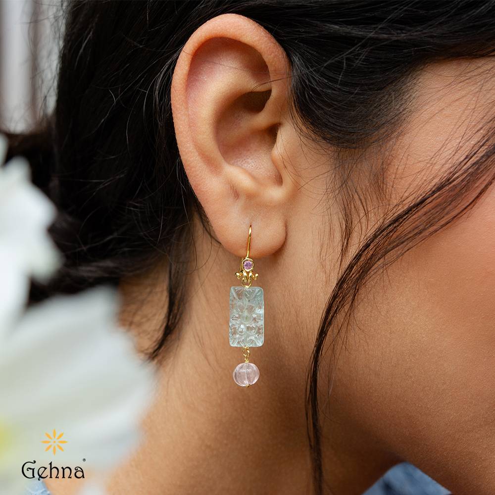 Pastel Rose Quartz, Aquamarine & Pink Sapphire 18K Gold Dangle Earrings : GHCSER-7108
