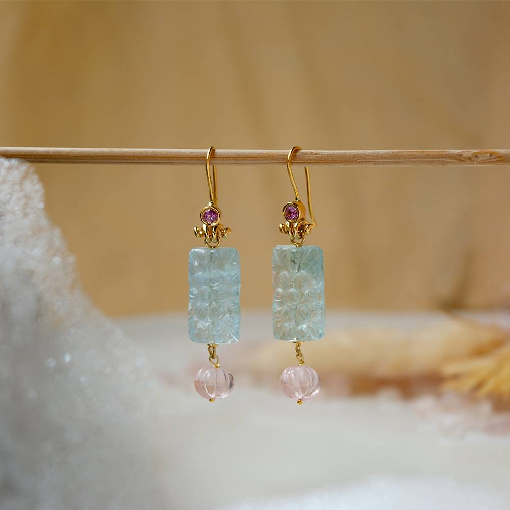 Pastel Rose Quartz, Aquamarine & Pink Sapphire 18K Gold Dangle Earrings : GHCSER-7108