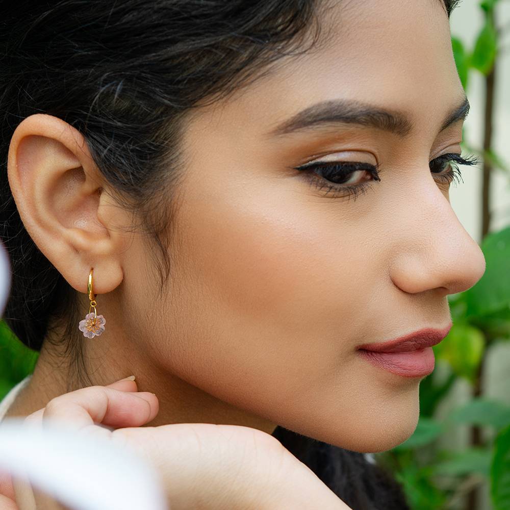 Floral Blush Tourmaline 18K Gold Hoop Earrings : GHCSER-7245