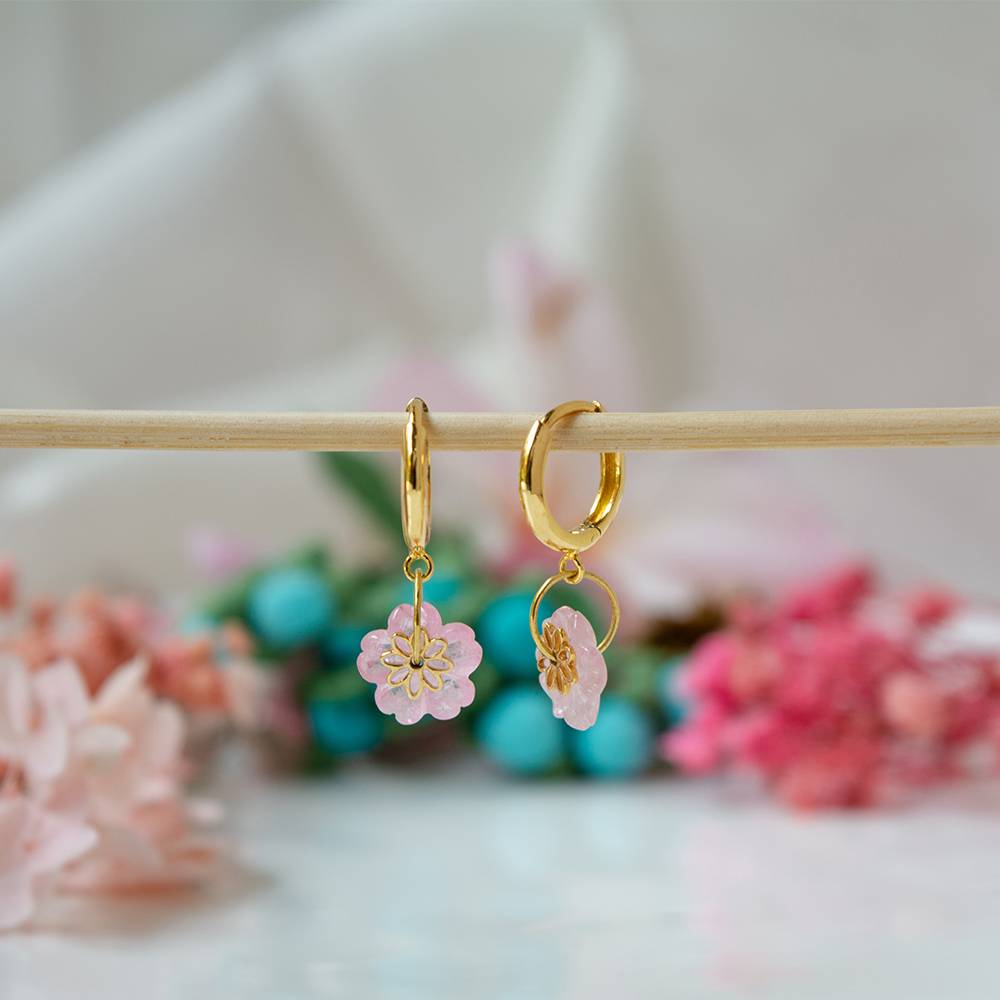 Floral Blush Tourmaline 18K Gold Hoop Earrings : GHCSER-7245