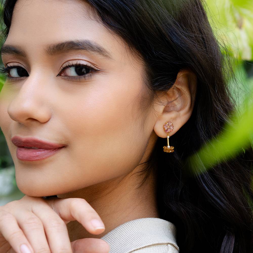 Floral Aura Pearl & Tourmaline 18K Gold Dangle Earrings : GHCSER-7254