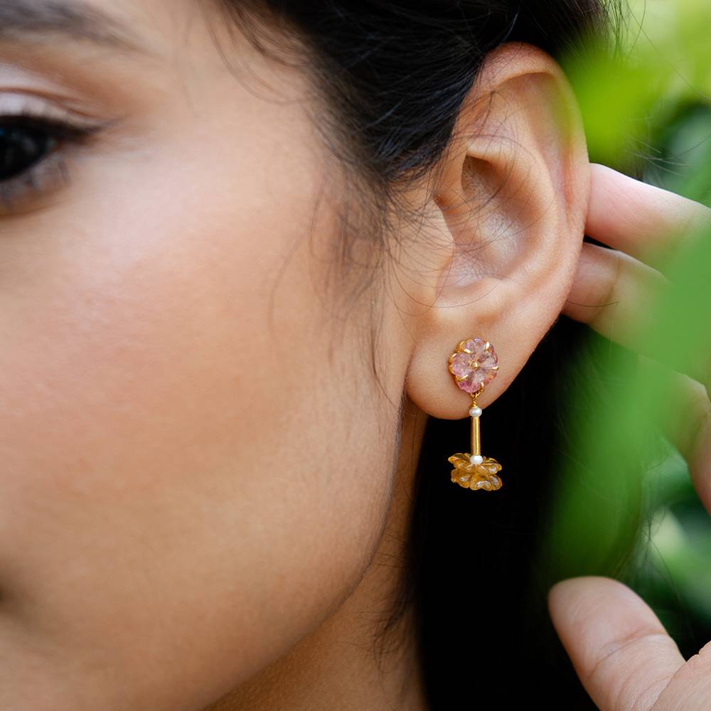 Floral Aura Pearl & Tourmaline 18K Gold Dangle Earrings : GHCSER-7254