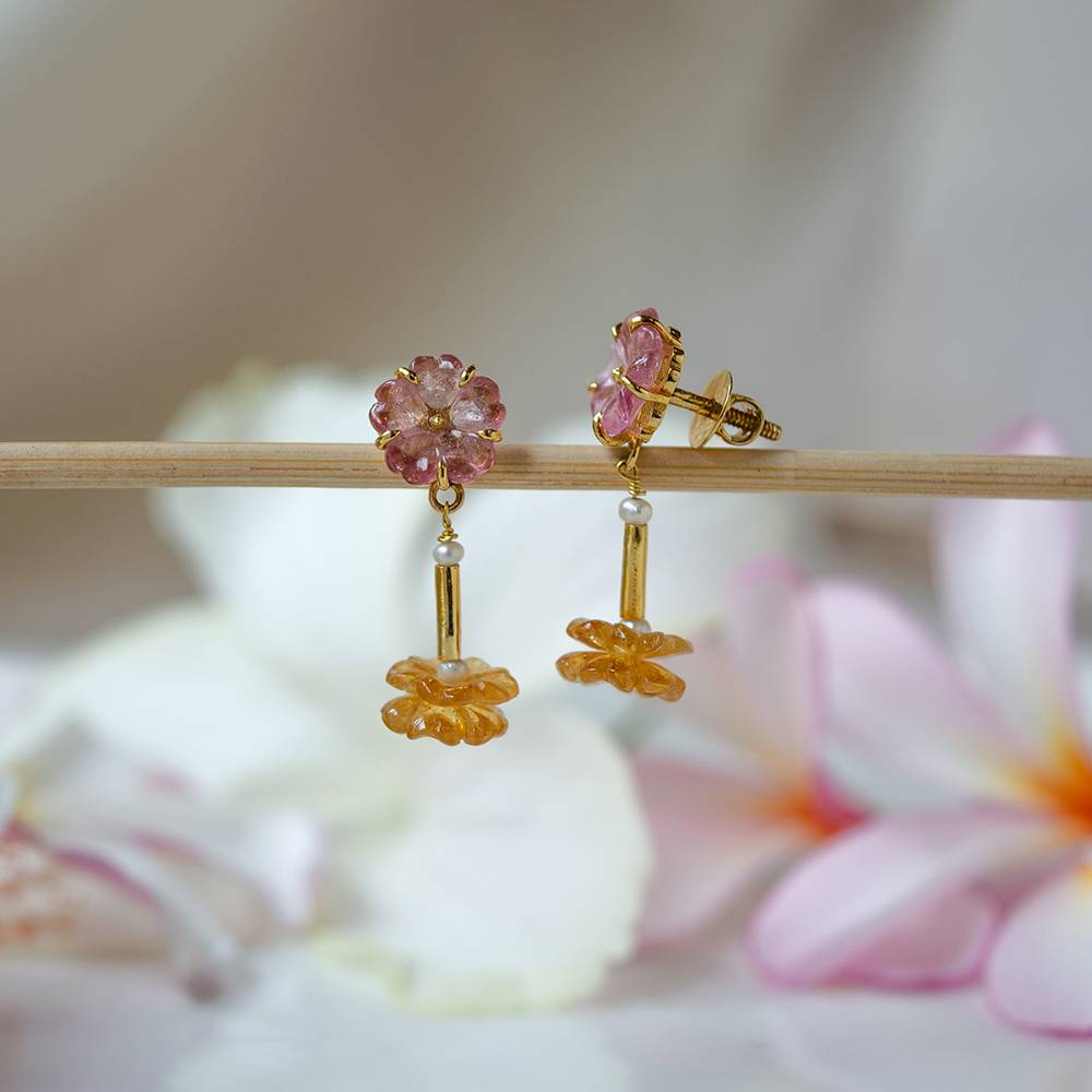 Floral Aura Pearl & Tourmaline 18K Gold Dangle Earrings : GHCSER-7254
