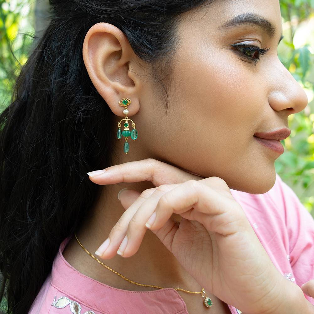 Regal Lotus Emerald & Pearl 18K Gold Dangle Earrings : GHCSER-7270