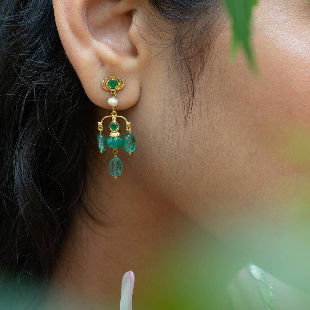 Regal Lotus Emerald & Pearl 18K Gold Dangle Earrings : GHCSER-7270