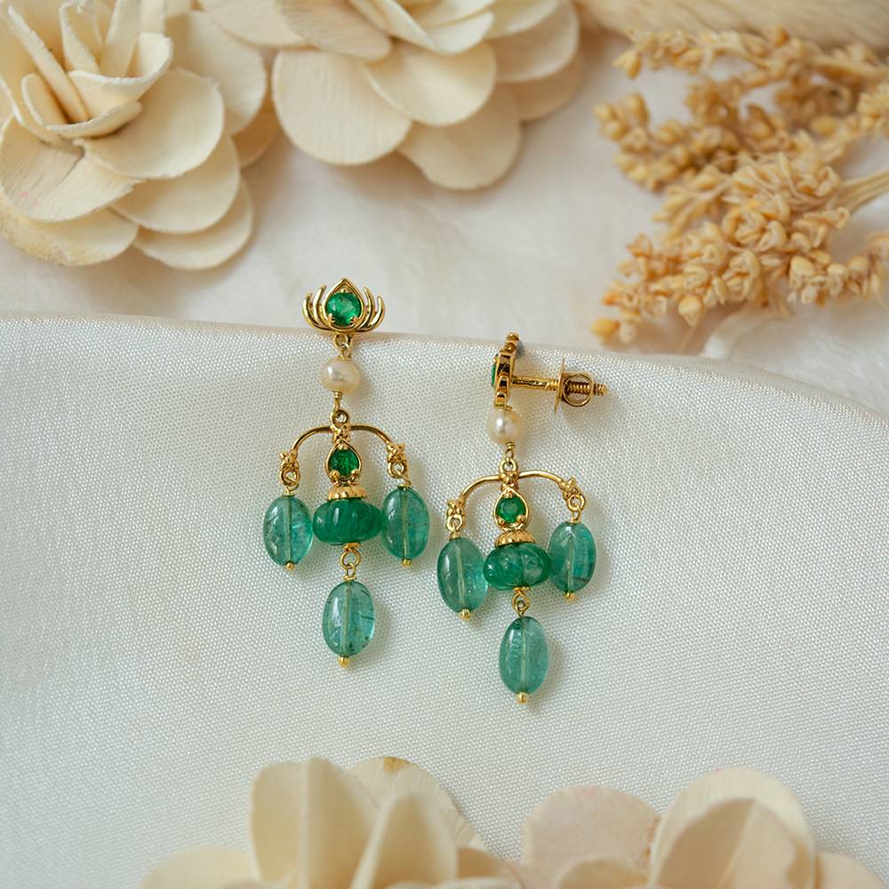 Regal Lotus Emerald & Pearl 18K Gold Dangle Earrings : GHCSER-7270