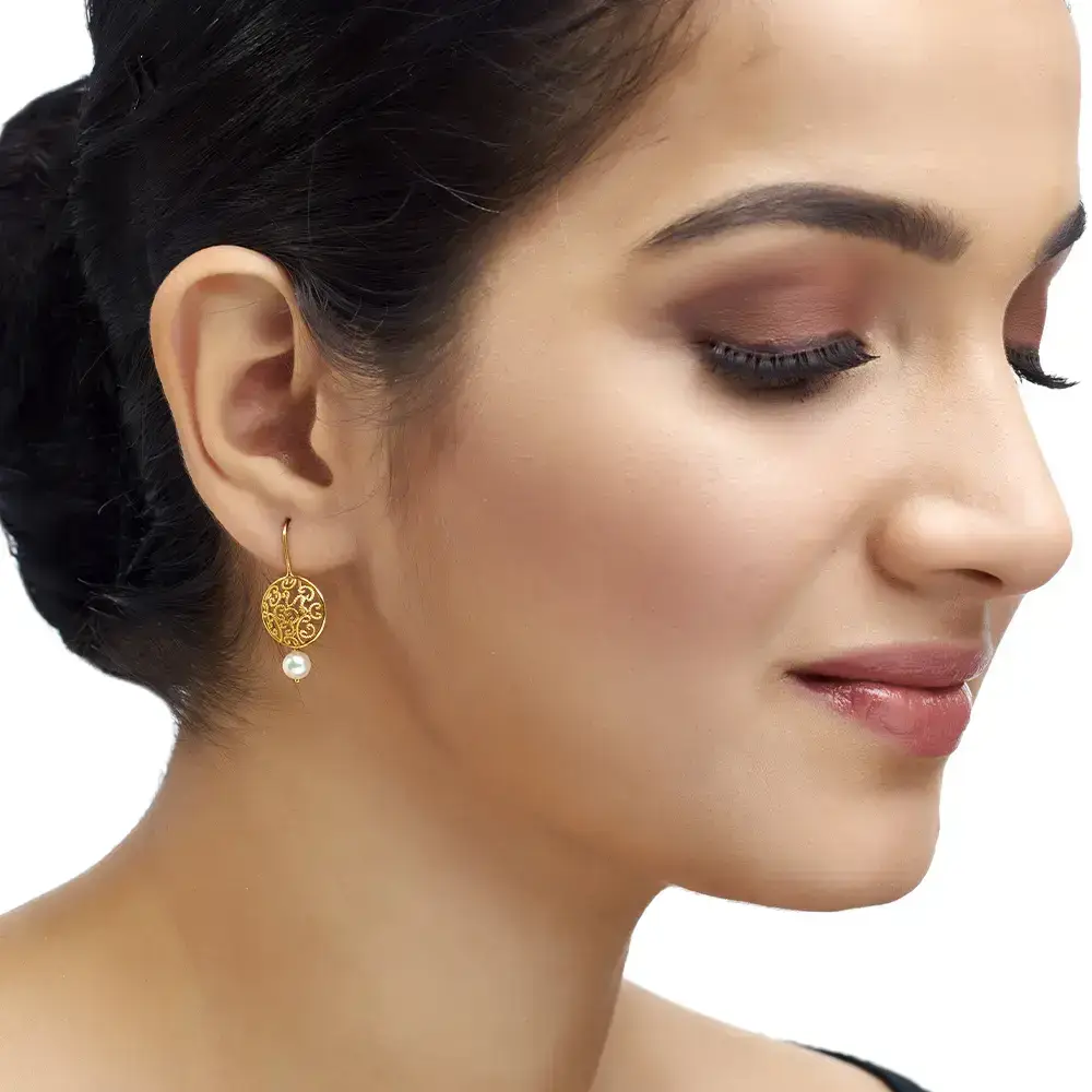 Intricate Pearl & Gold Hook Earrings : GHCSER-732