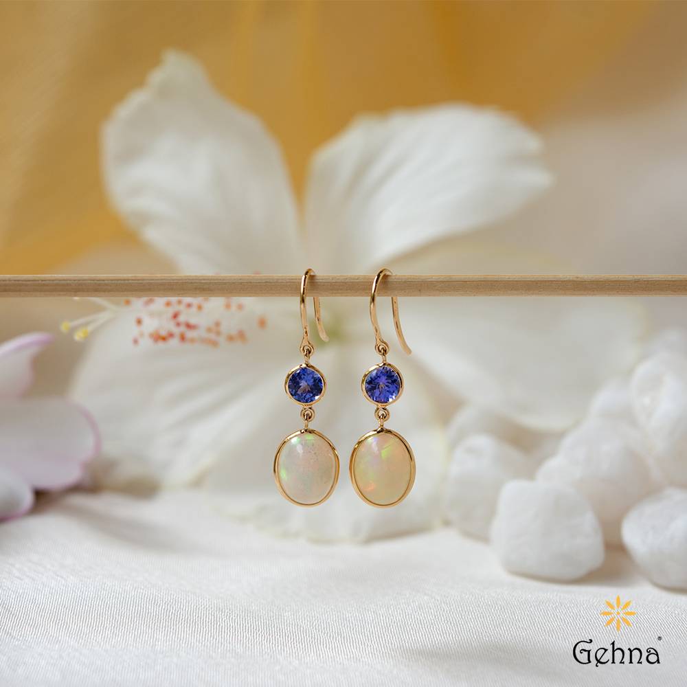 Dreamy Hues Tanzanite & Opal 18K Gold Dangle Earrings : GHCSERRR-6997