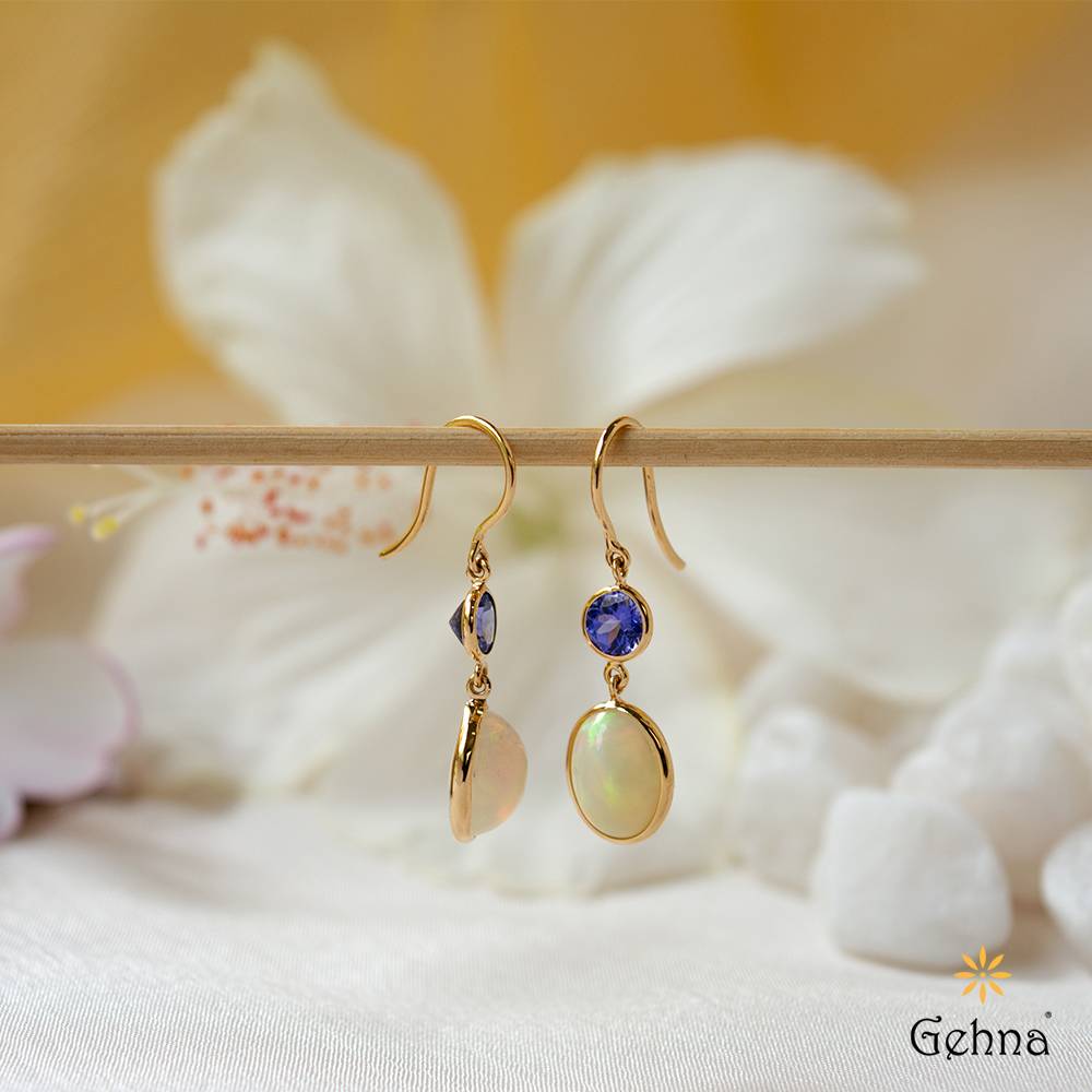 Dreamy Hues Tanzanite & Opal 18K Gold Dangle Earrings : GHCSERRR-6997