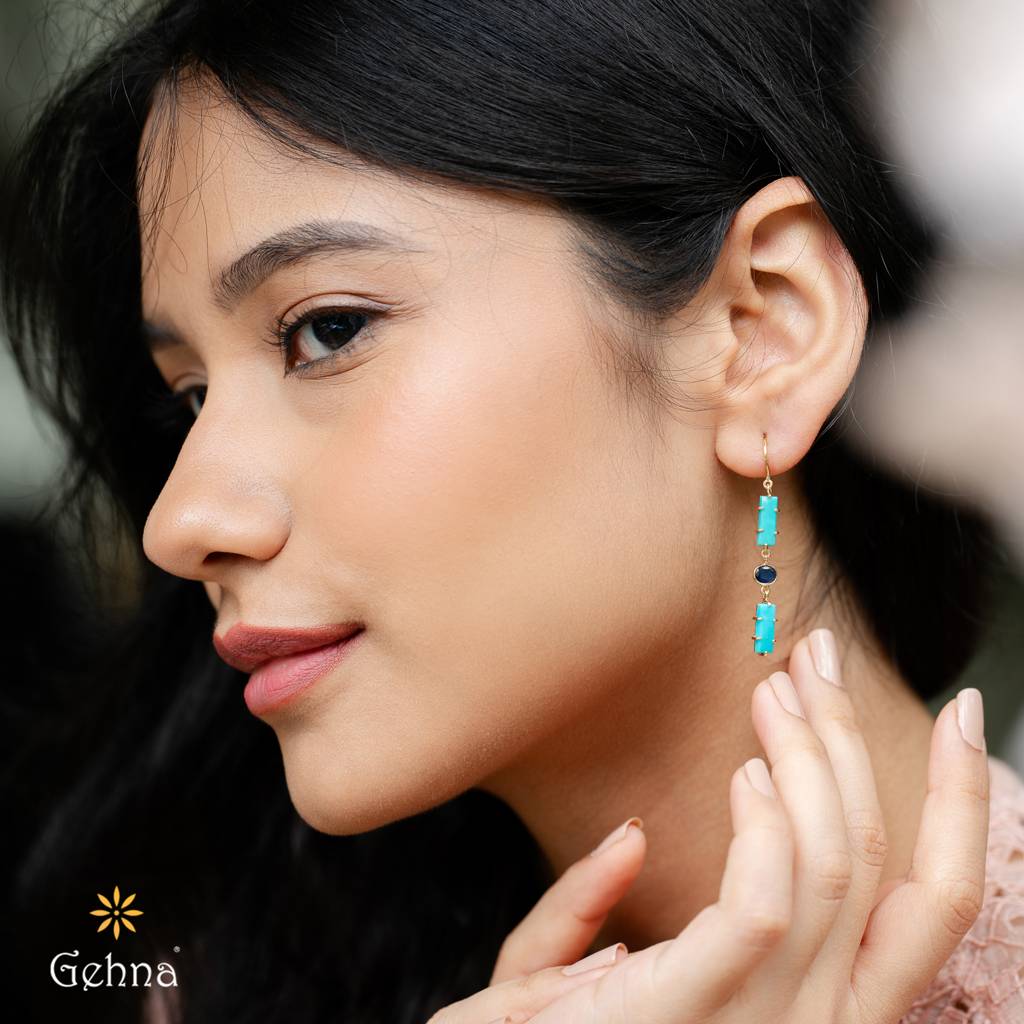 Sleek Turquoise & Sapphire Gold Dangle Earrings : GHCSERRR-7659