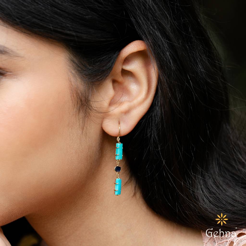 Sleek Turquoise & Sapphire Gold Dangle Earrings : GHCSERRR-7659