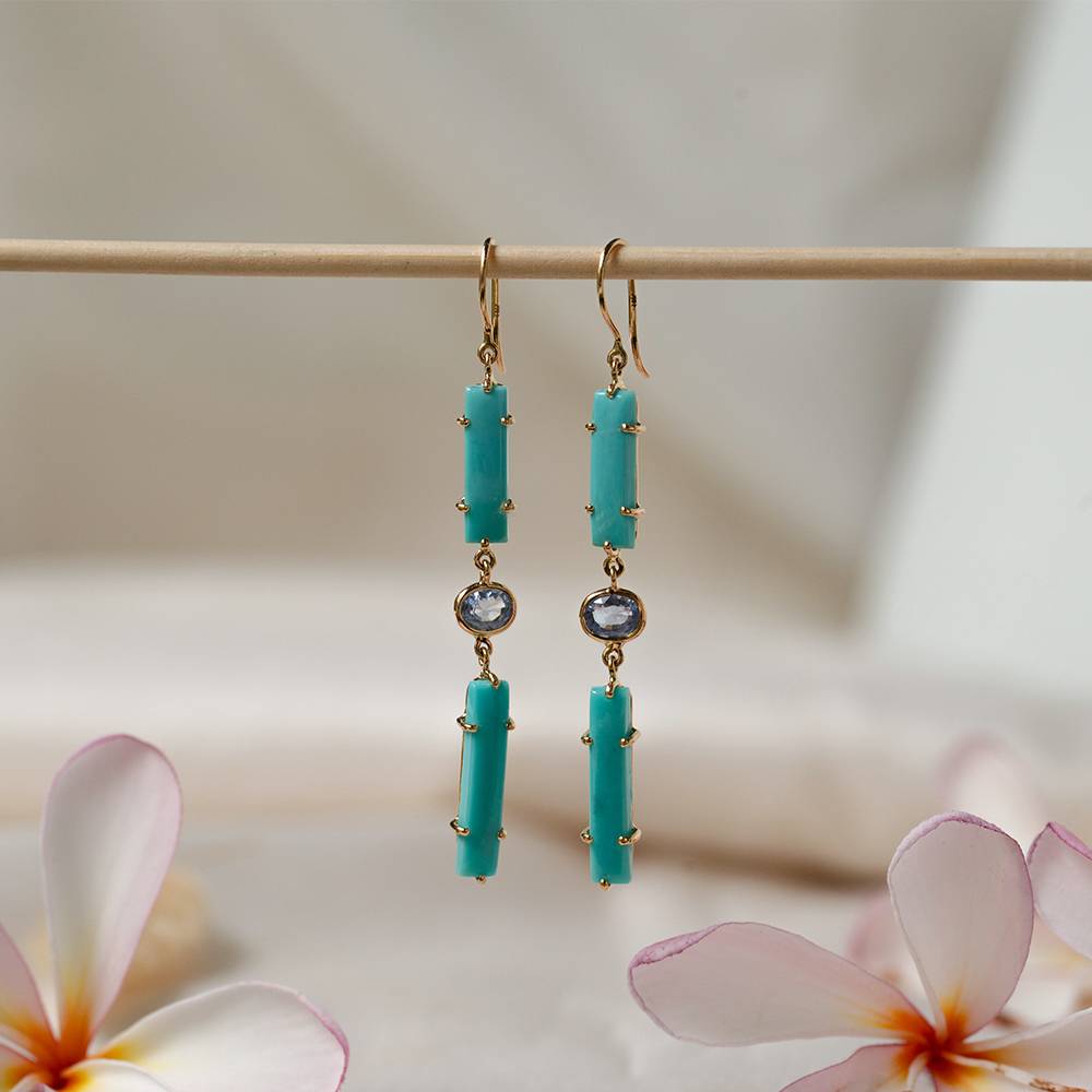 Sleek Turquoise & Sapphire Gold Dangle Earrings : GHCSERRR-7659