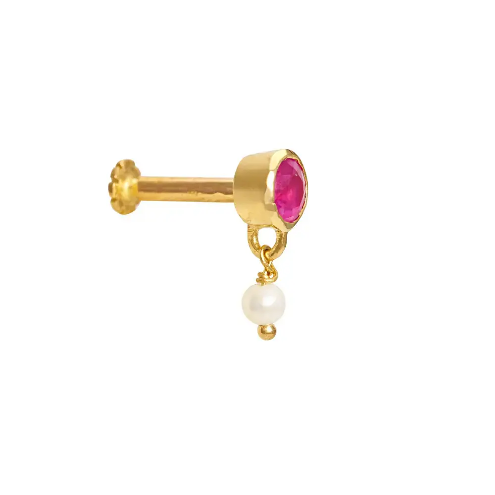 Charming Ruby & Pearl 22K Gold Nosepin : GHCSNP-626