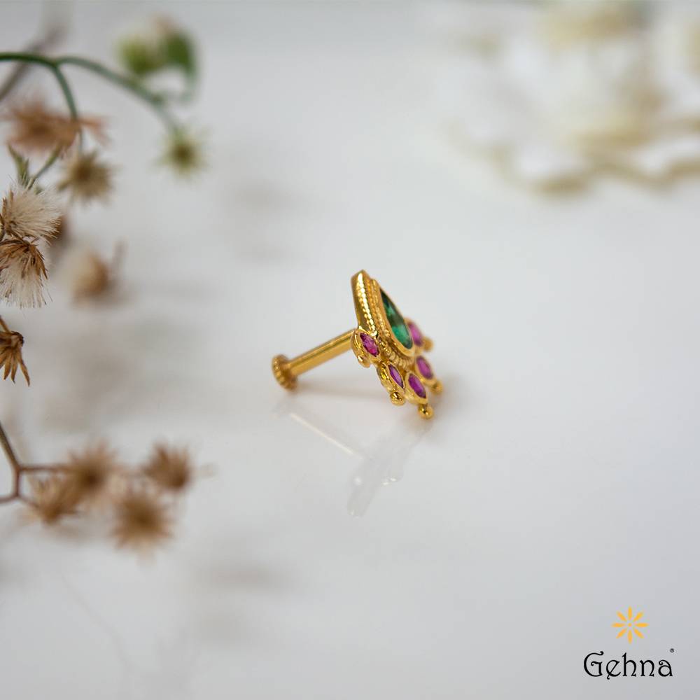 Gem Glint Ruby & Emerald 22K Gold Nosepin : GHCUCS-5144